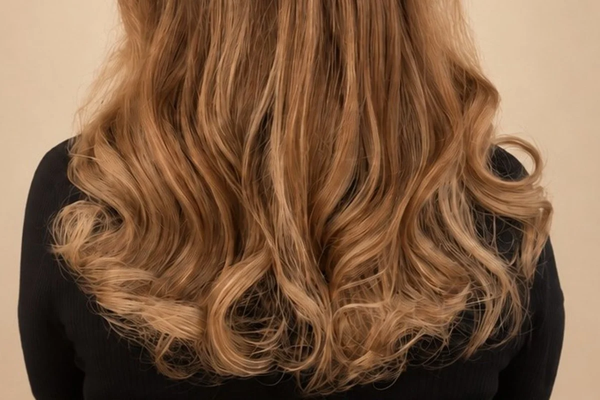 Lang blond haar met volle slagen na het plaatsen van hairextensions aan huis in Den Haag