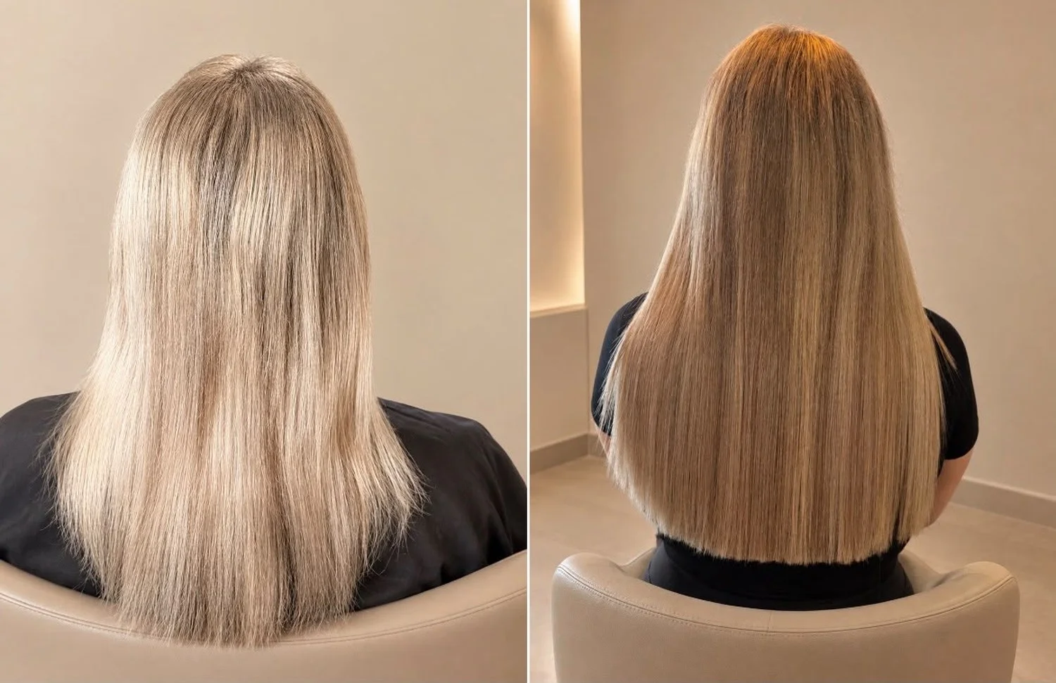 Hairextensions Voorburg: voor en na met een invisible weave in champagne blond