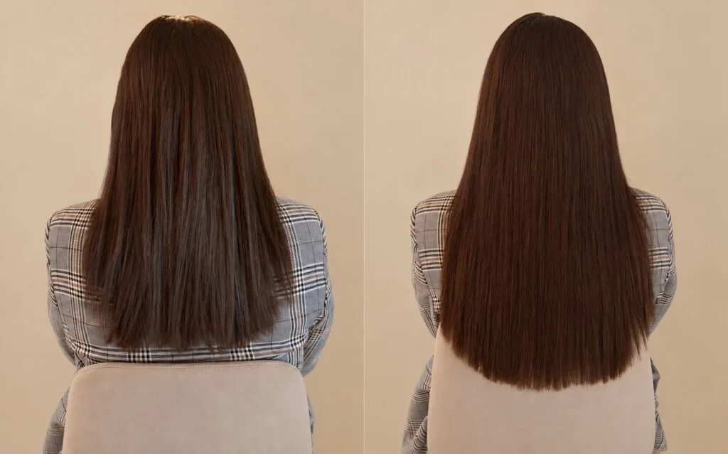 Voor en na: invisible weave van 45 cm en 150 gram in een warme brunette
