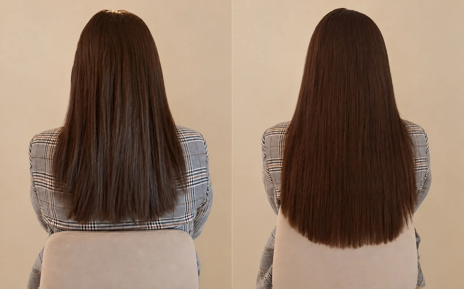 Hairextensions Vlaardingen: voor en na met een invisible weave van 45 cm in een warme brunette
