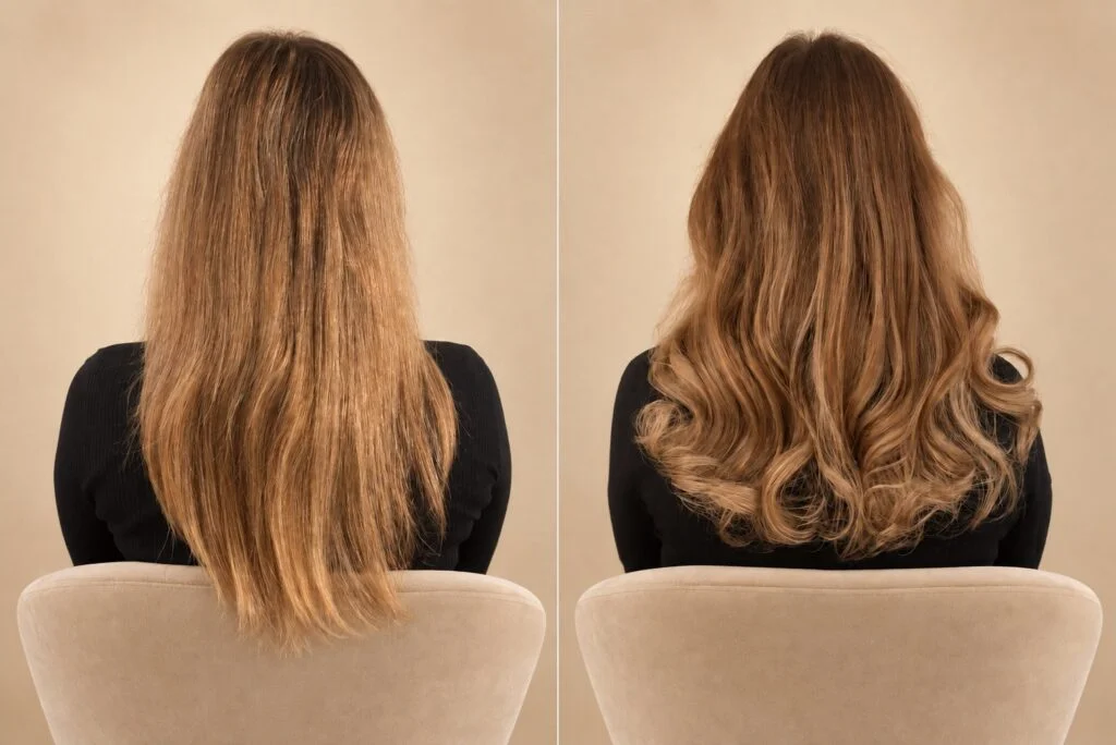 Voor en na: één weave voor meer volume op de eigen lengte in de kleur bisque