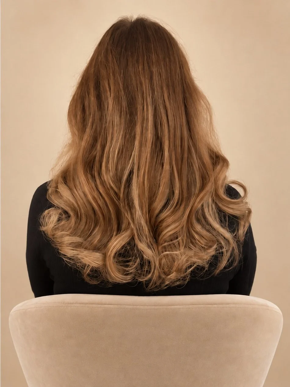 Hairextensions na de behandeling: vol, golvend blond haar met meer volume door één weave op de eigen lengte in de kleur bisque