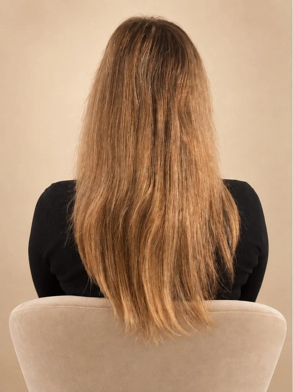 Eigen blond haar met weinig volume in de onderkant, vóór de behandeling