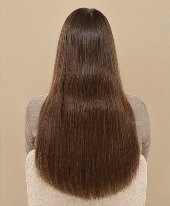 Hairextensions na de behandeling: glad, vol bruin haar tot in de punten met één weave van 55 cm in de kleur chocolade