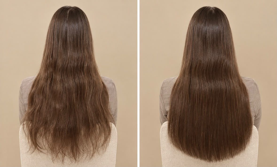 Hairextensions Capelle aan den IJssel: voor en na met één weave van 55 cm in chocoladebruin