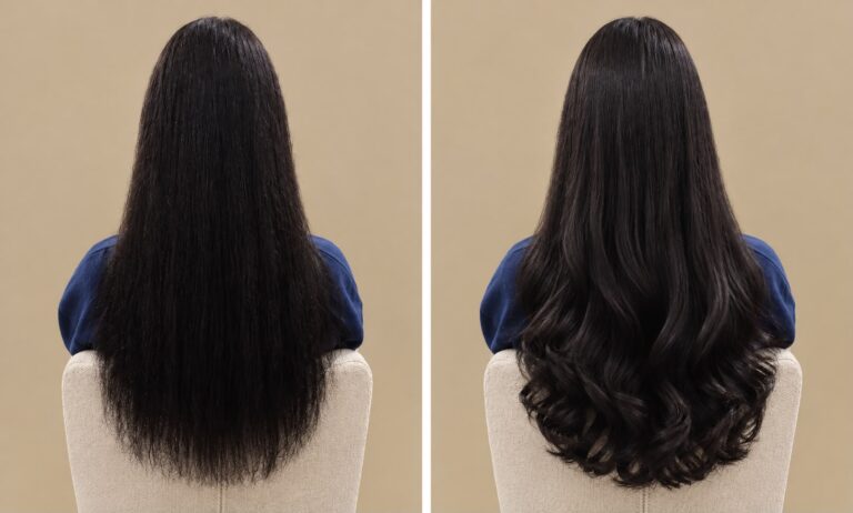 Hairextensions voor en na: invisible weave van 55 cm en 225 gram in kleur black beauty