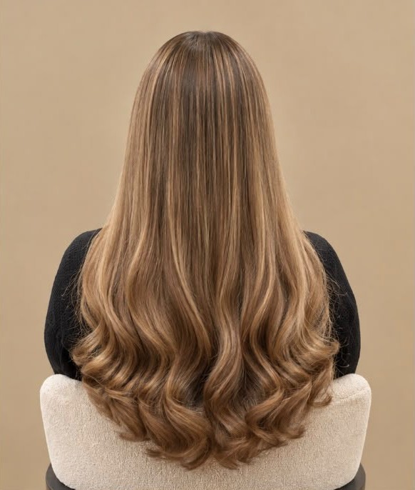 Hairextensions na de behandeling: lang, vol en golvend haar met een invisible weave van 50 cm in de kleur Caramel Melt