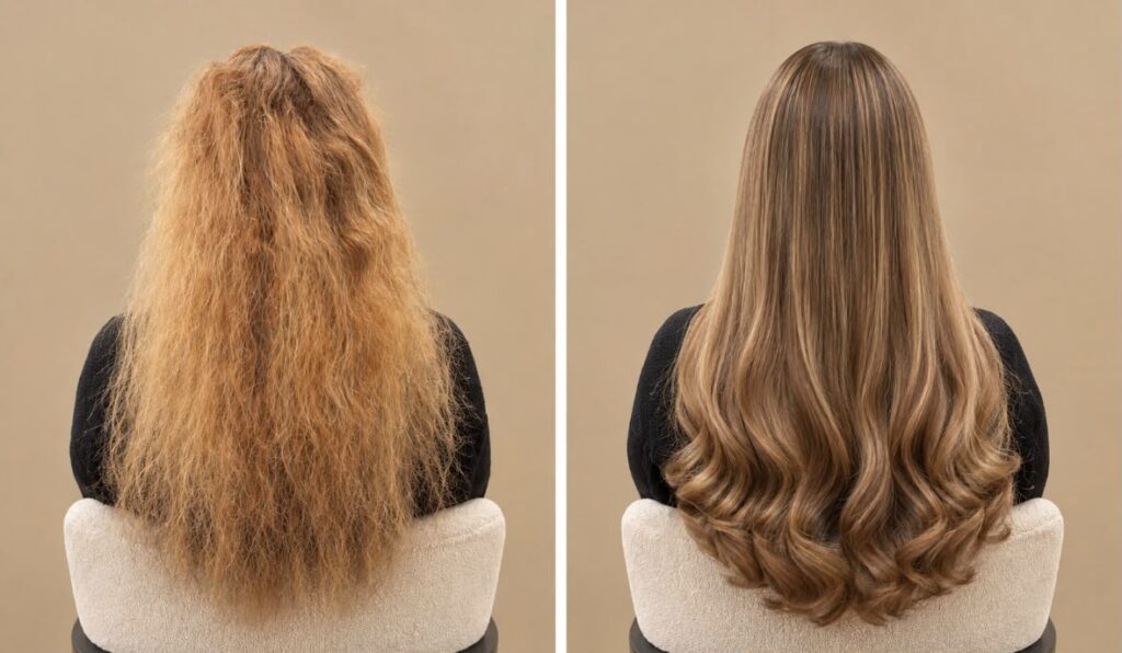 Voor en na: invisible weave van 50 cm en 160 gram in de kleur Caramel Melt