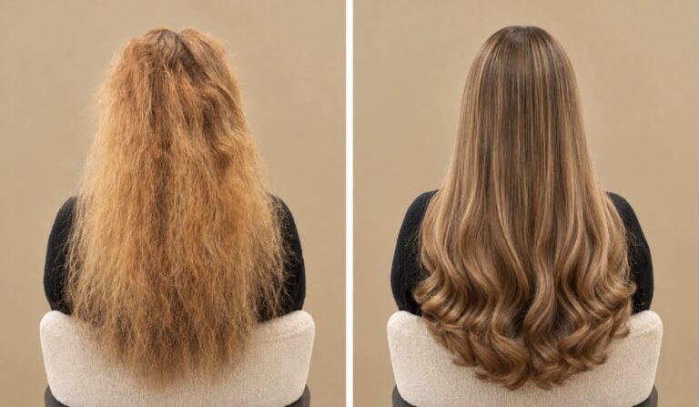 Voor en na: invisible weave van 50 cm en 160 gram in de kleur Caramel Melt