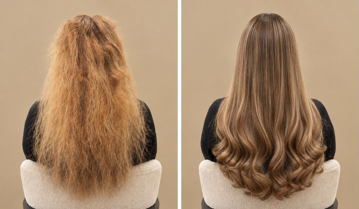 Hairextensions Pijnacker: voor en na met een invisible weave in Caramel Melt