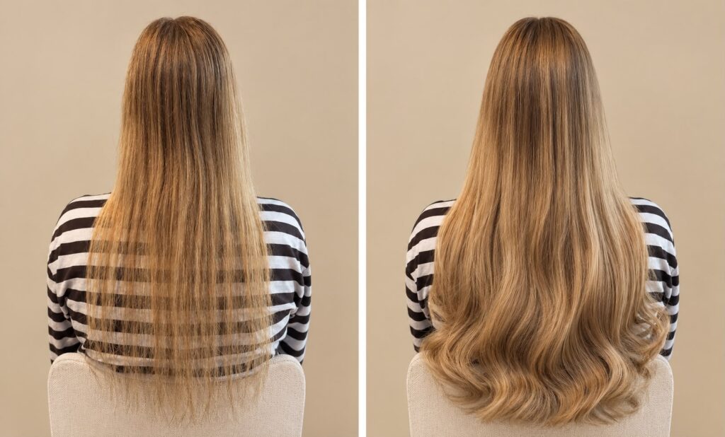 Blonde hairextensions: voor en na met een invisible weave van 55 cm en 120 gram in de kleur Hot Honey