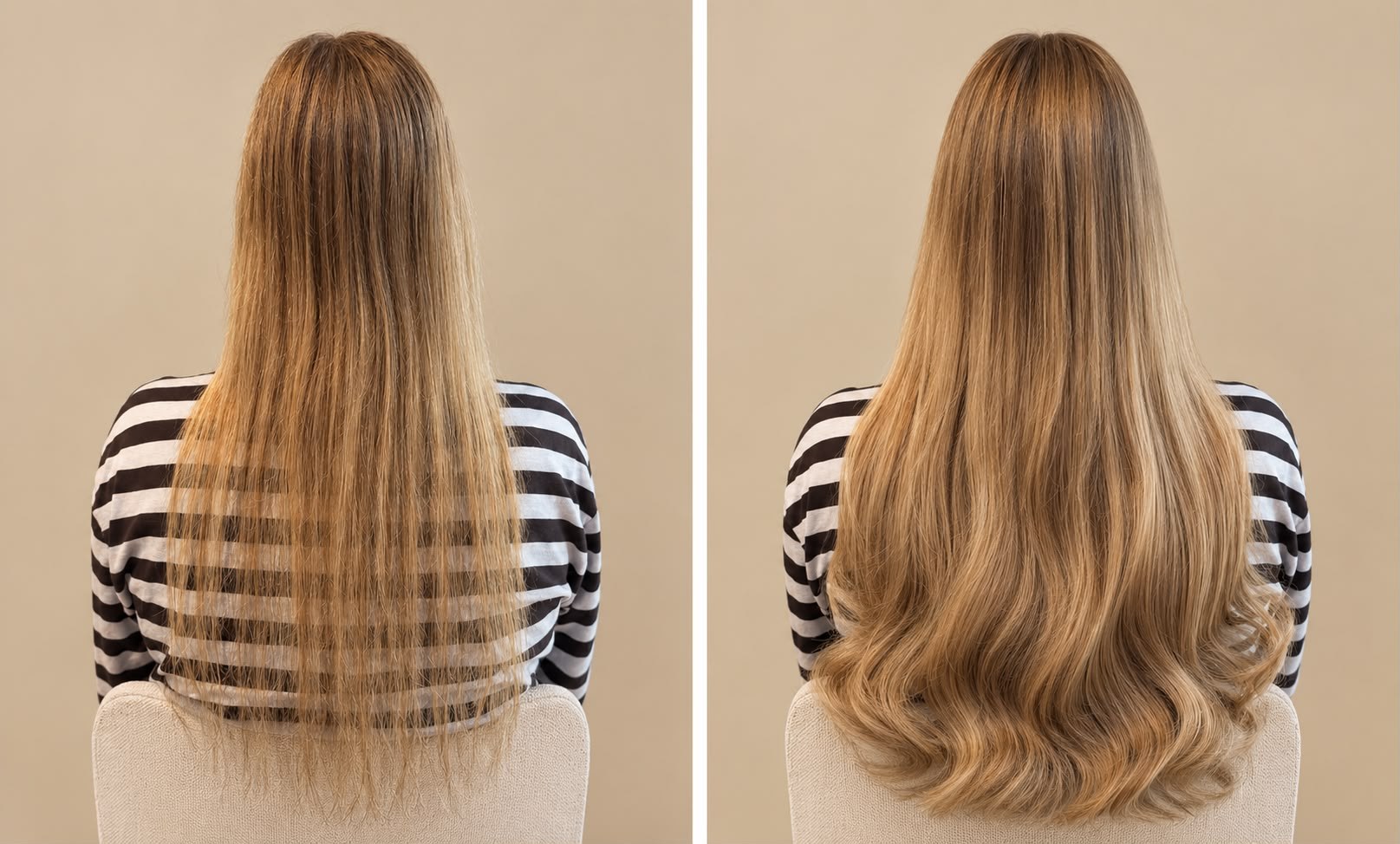 Hairextensions Rotterdam: voor en na met een invisible weave van 55 cm