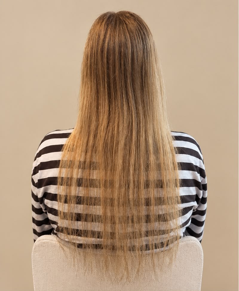 Eigen lang, steil blond haar, vóór de behandeling