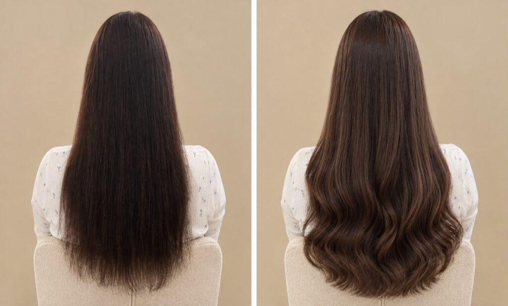 Bruine hairextensions voor en na: invisible weave van 50 cm en 160 gram in kleur #3