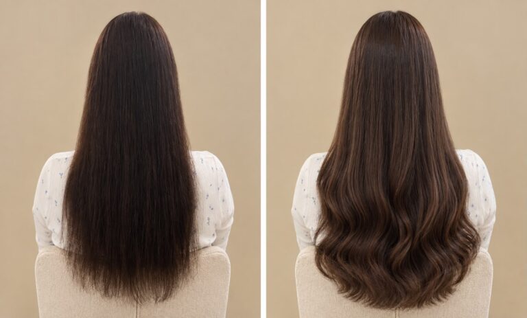 Voor en na: invisible weave van 160 gram in kleur #3, 50 cm