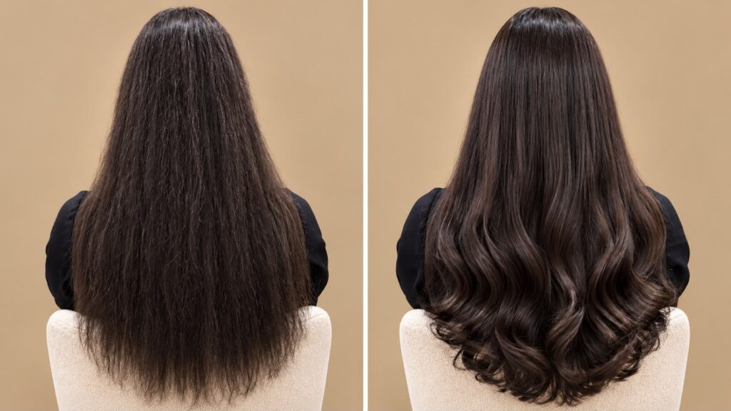 Hairextensions Den Haag aan huis: voor en na met 55 cm en 125 gram in de kleur Midnight